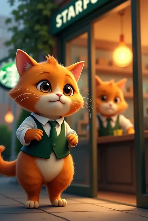  delightful scene of one orange chubby cat , anthropomorphic orange tabby cats with large, expressive eyes, similar to those from the original image. He’s entering a Starbucks coffee he is wearing the same white shirts uniform with a dark green long tie an...