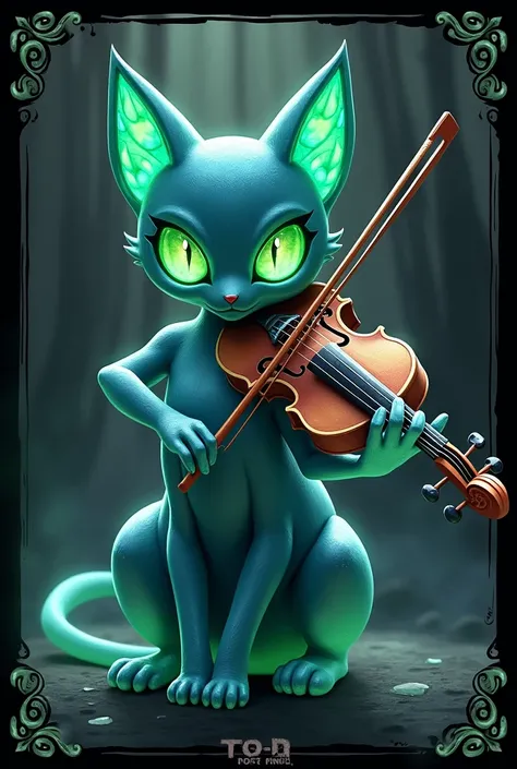 Create an original style Pokemon card complete with a psychic Pokemon inspired by the Pisces and Water zodiac sign in the shape of a black cat made of Labradorite with green eyes, with psychic powers through music and the violin. Name of the pokemon "Upper...