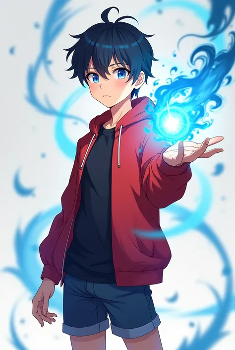 Human anime version young  with a red sweatshirt, black t-shirt and dark shorts, black hair, cinnamon skin, blue eyes holding blue energy in his hand