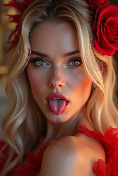 Makeup artists do makeup for celebrities，(masterpiece:1.2), high quality, masterpiece, High resolution, original, very detailed wallpaper, perfect lighting,(Extremely detailed computer graphics:1.2), teasing, shows tongue, blonde hair, perfect blue eyes, w...