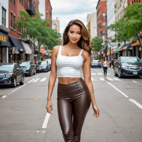 A stunning Latino woman with brown hair, D-cup breasts, a slim waist, and long legs, is standing in the middle of a city street. Her brown eyes shine as she looks ahead confidently. She’s dressed in sleek leather leggings that hug her curves and a white to...