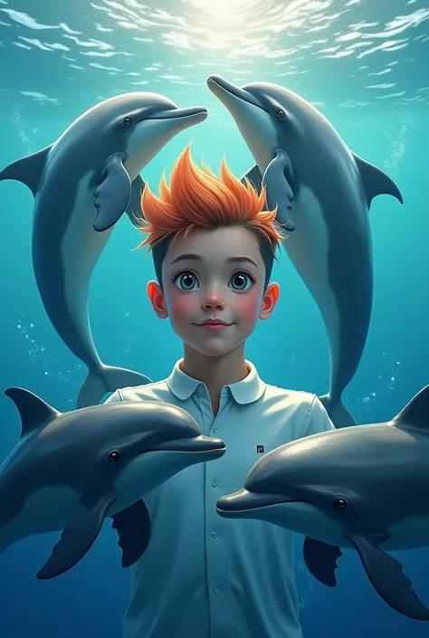 The ocean background with three large dolphins swimming around the boy face in the middle,Bull hot pot hair, symphony 