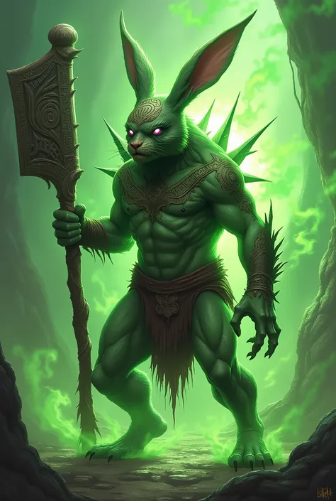 Green-furred humanoid rabbit, Hideous face, Strengthens its body, Bright purple eyes, Large old wooden club, Divinity, Pulsating life, Inverted rabbit feet, Intricately ornamented green toxic mist, Sharp head angle, Partial peeling, Mysterious runes, Fanta...