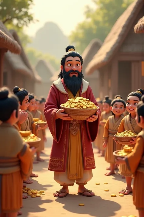 In 3D animation style "Ramū Sharing Wealth with the Villagers
Ramū, now dressed in finer clothes, is seen distributing gold and food to the poor villagers. The villagers gather around him, smiling and expressing their gratitude."