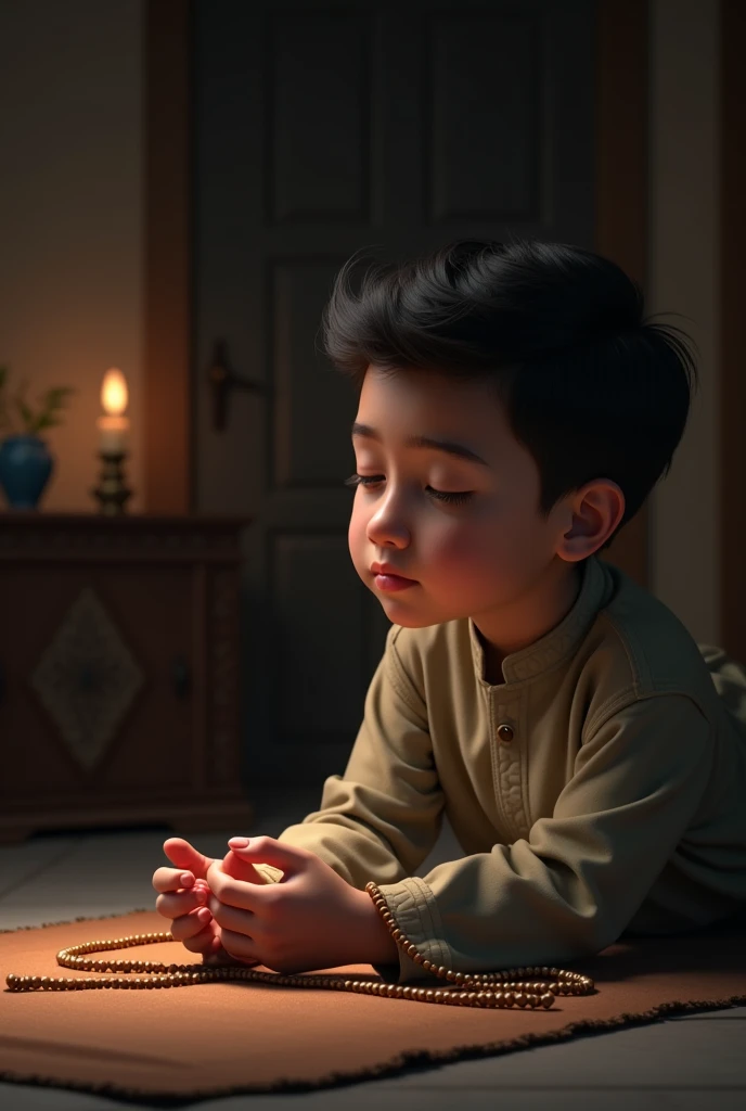 Muslim boy praying using misbaha