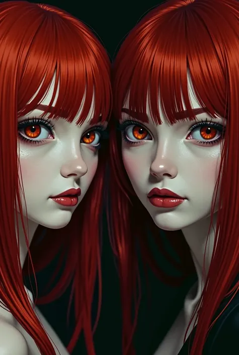 2 girl with red hair , amber eyes, clear skin , coquette ,cold psychopath 