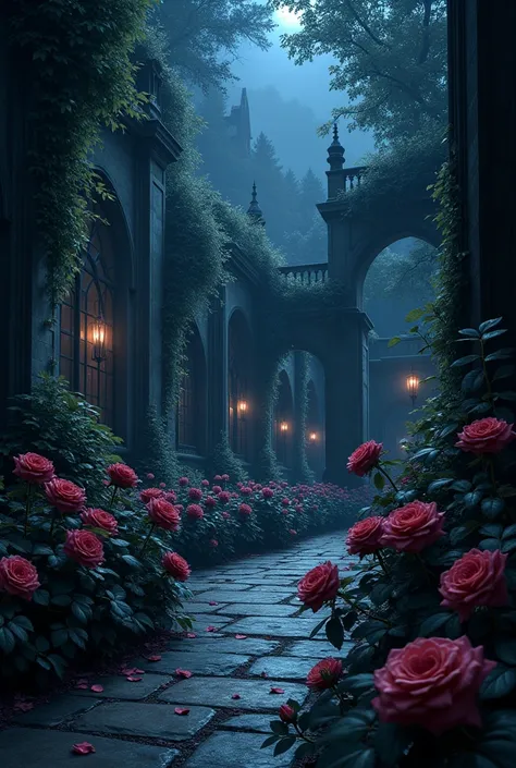 A garden full of black roses, in the courtyard of a school near the forest, At night 