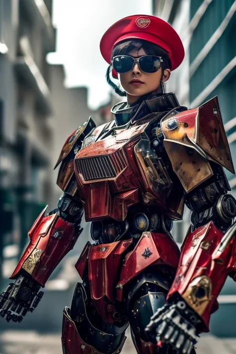 portrait, surrealistic, (bokeh:1.1), dof, awe-inspiring, majestic, overwhelming, humanoid cat wearing (red coca-cola-military:1.1) metal sci-fi bulky (mecha armour:1.3) and sunglasses with (red beret:1.05) is holding a big (white rifle:1.35), harsh shadows...