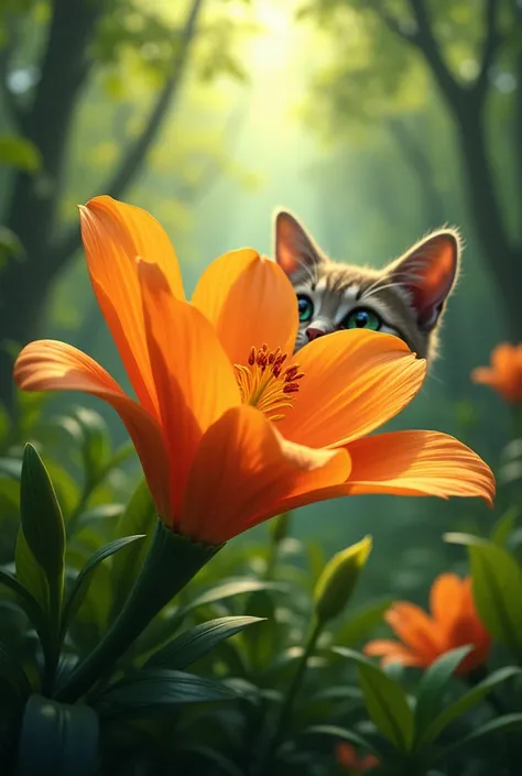 Single zoomed flower with zoom cat in forest 