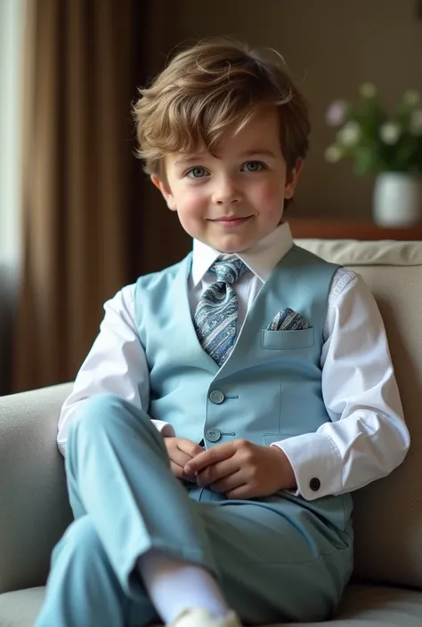 (realistic photo)  A boy with brown blonde hair and a white shirt....., white vest  , Silk tie silk cufflinks with floral paisley print with stripes Light pale blue color very formal three piece suit , Complete blue vest with blue pants.., blue, with very ...