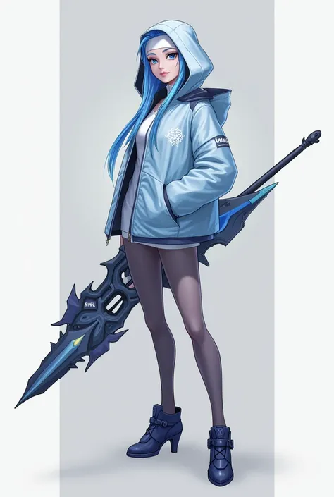 make a mobile legends character miya with a words miya and her left jacket and the words MJ and her right jacket the color of jacket is light blue with a spear gun 