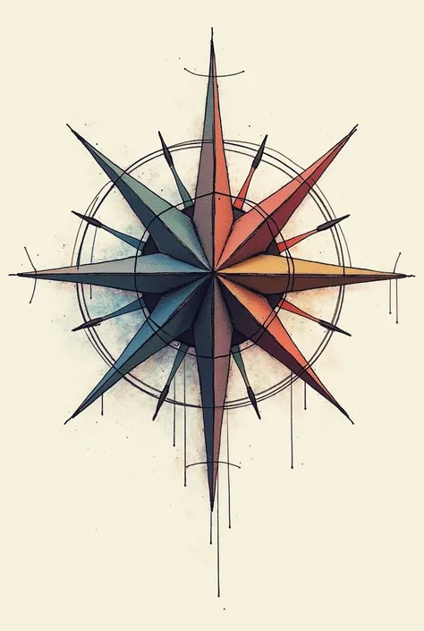 Stylized compass rose superimposed on a sketch rudder, in pointillism 