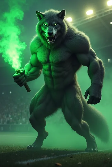 Muscular wolf holding green flare on a football field