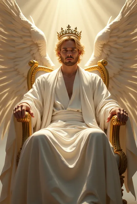 A handsome man with a perfect face, caramel blonde hair, a tender angel face with a crown on his head, sitting on a throne in heaven, dressed in white, in the middle of many angels.