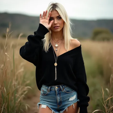 This image features a woman with platinum blonde hair in an outdoor setting, wearing a casual and chic outfit. She is dressed in a loose-fitting black sweater paired with high-waisted, frayed denim shorts. The woman is accessorized with layered necklaces, ...