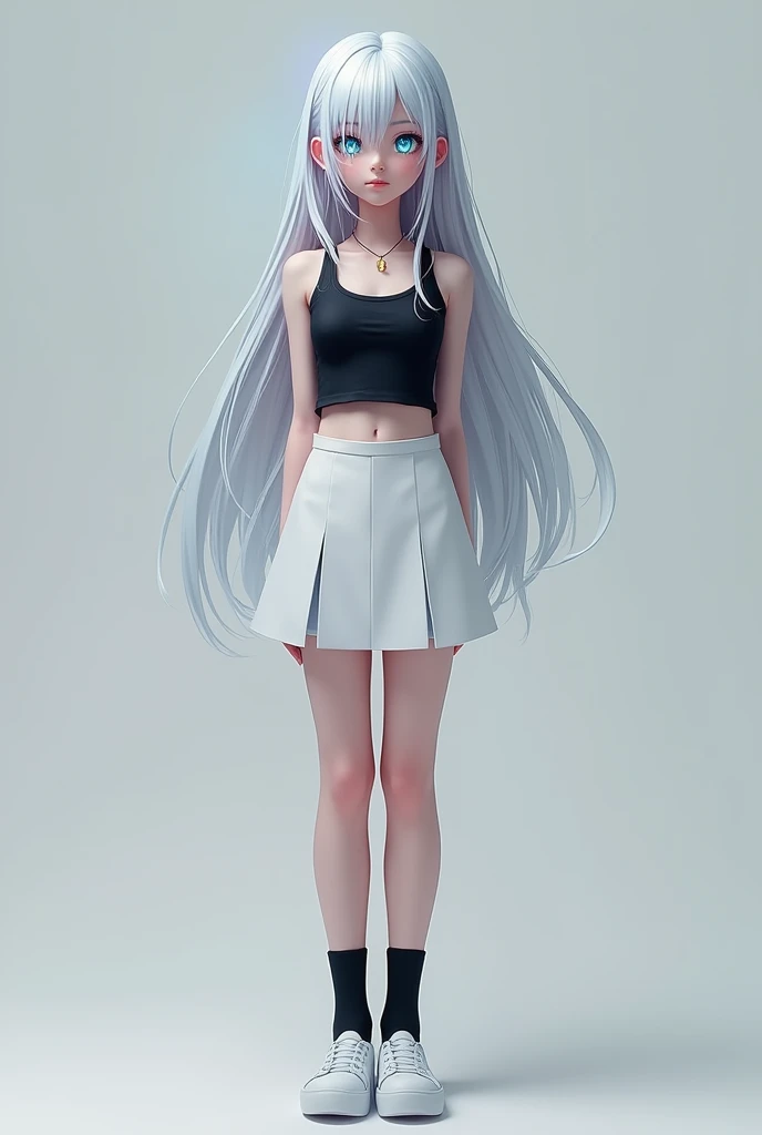 Girl, teenager, blue eyes, silver hair, long hair, left-sided bangs, black tank top, white skirt, black socks, white shoes, full body (Photorealism) 