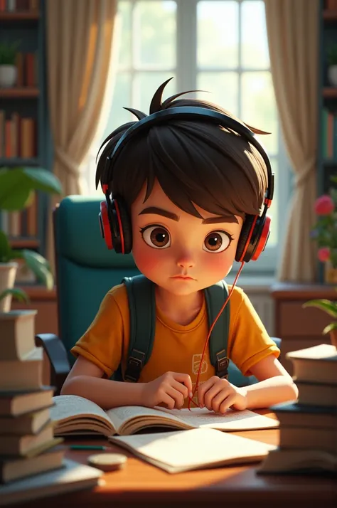 A boy in a study room with wearing headphone