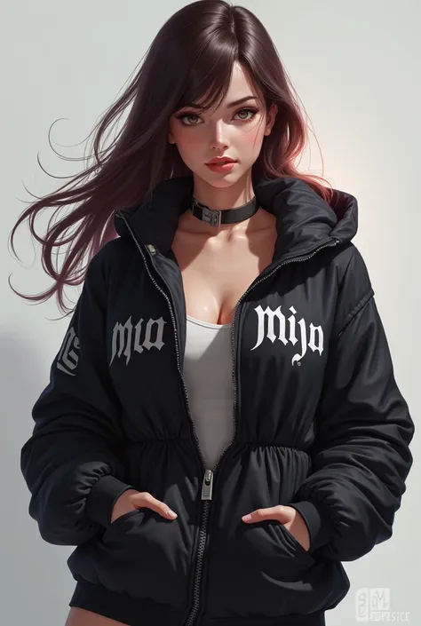 realistic mobile legends character miya with a words miya and her left jacket and the words MJ and her right jacket the color of jacket is black