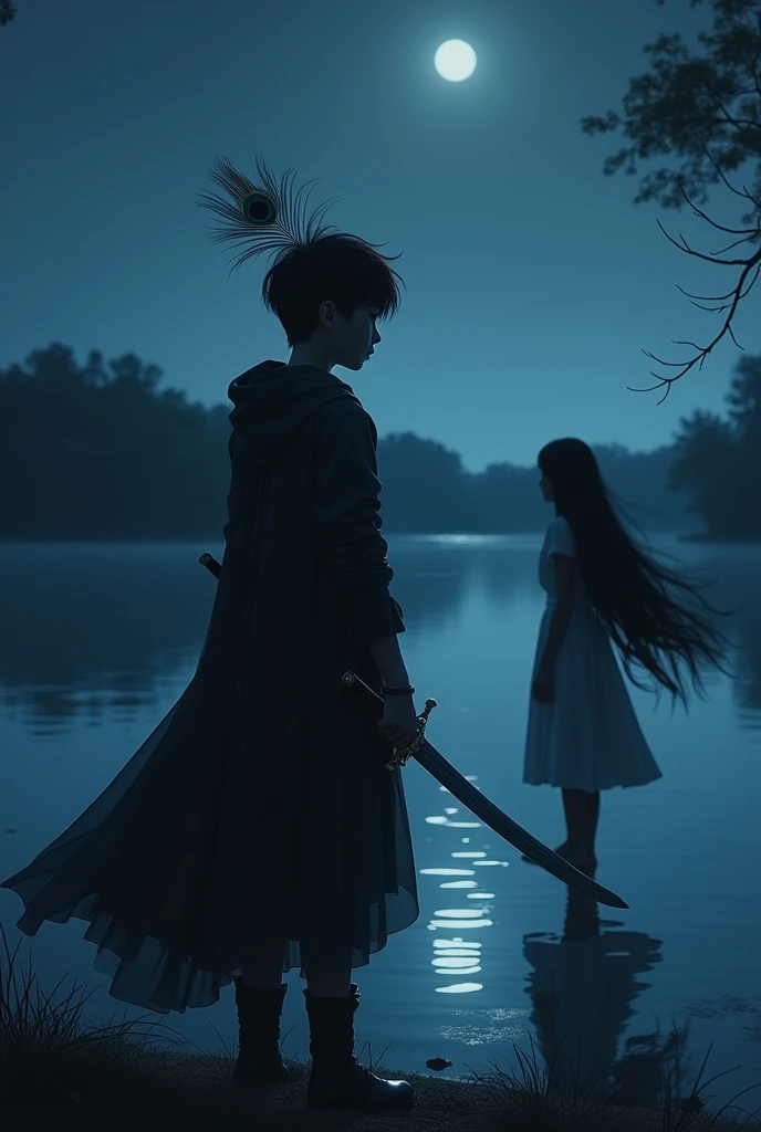 A teenage boy with a sword and small peacock feather in head in dark  shadow seeing a girl  with long hair in night near a lake in long distance