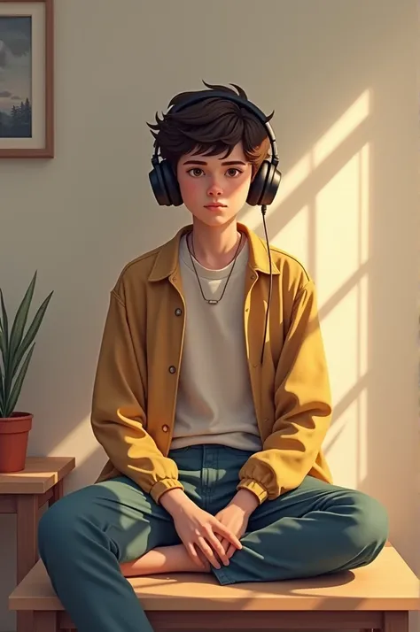 Please create a teenage boy sitting on the table with wearing head phone for lo-fi music