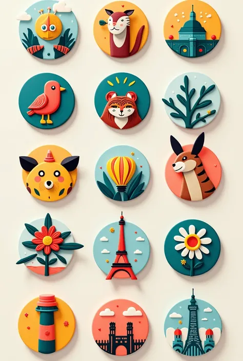 "Design a collection of 2D fridge magnets with a variety of themes. Include vibrant colors and playful elements such as cute animals, abstract geometric patterns, nature-inspired designs (like flowers or trees), and iconic landmarks. Each magnet should hav...