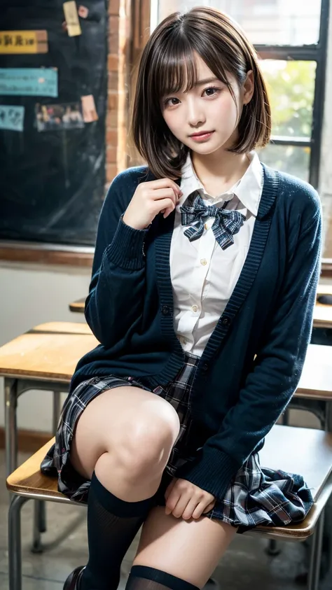 masterpiece, Best Quality, 【Illustration, Super detailed, Delicate details, High resolution, 8k,wallpaper, Perfect dynamic composition,(High quality details, Realistic eye depiction:1.3), High school classroom、Schoolgirl uniform、cardigan、Super short checkered uniform skirt、Navy blue knee-high socks、Garter belt、huge 、Disturbed Uniforms、Short Bob Hair, Black Hair, Big Natural Color Lip, Fat Sexy pose, (Perfect figure), Crying a little、Harajuku Style、20-year-old girl、Cute type, Beautiful legs, Gravure idol pose, Voluptuous thighs