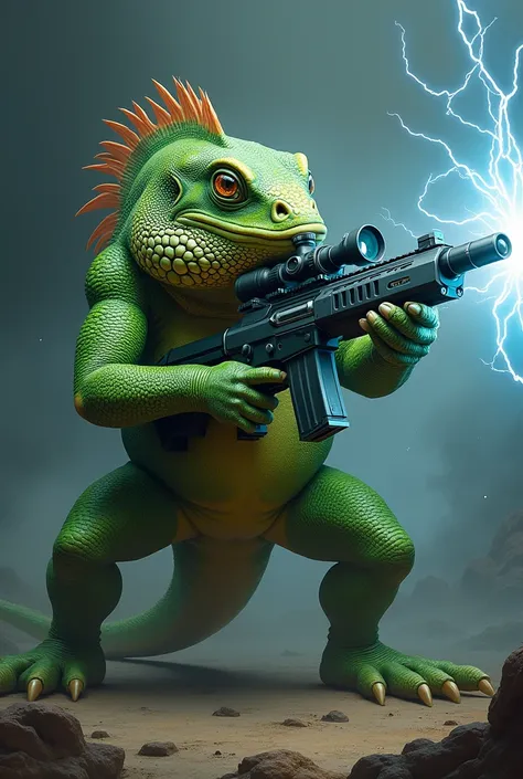 I want an iguana that holds a sniper and shoots an electric ray from the sniper
