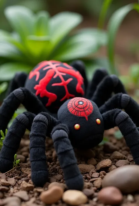 create a black widow spider plush with red and white elements