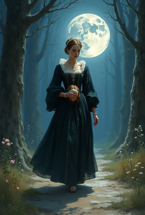 Créez une illustration artistique et dramatique dAnne Boleyn se promenant avec sa tête tranchée sous le clair de lune.