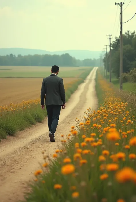 This same man leaves the field and begins to walk on a road leaving the field he finds flowers on a part of this dirt road and begins to admire them