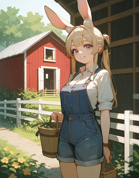 score_9, score_8_up, score_7_up), anime, solitary, rabbit girl, Farm clothes.