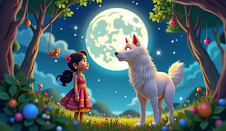 **Thumbnail Details (3D Cartoon Animation):**  
The thumbnail shows a magical night scene featuring Radha, the main focus, standing next to a glowing white wolf with bright, moonlit eyes. Radha, dressed in a colorful traditional outfit, looks in awe as the...