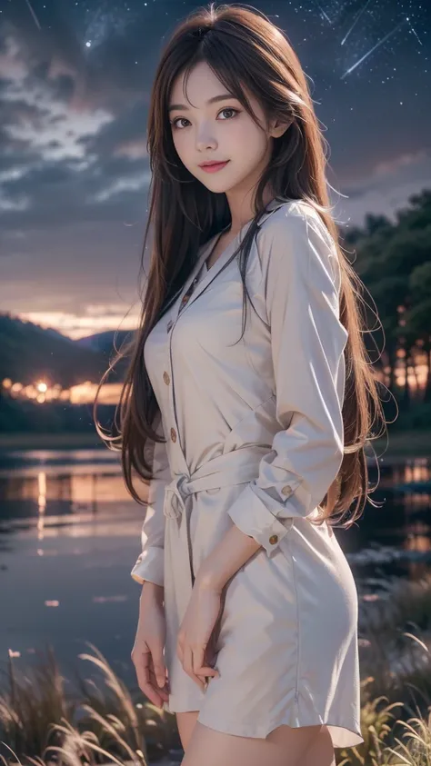 ulzzang-6500-v1.1, (RAW photo: 1.2), (Real photo), (Real photo: 1.4), 1 girl、Perfect anatomy、1、Looking at the camera、smile, Medium length hair、beside a vast lake in the middle of a wild forest, ((under the night sky with stars: 1.1))、 (Business service)、As...