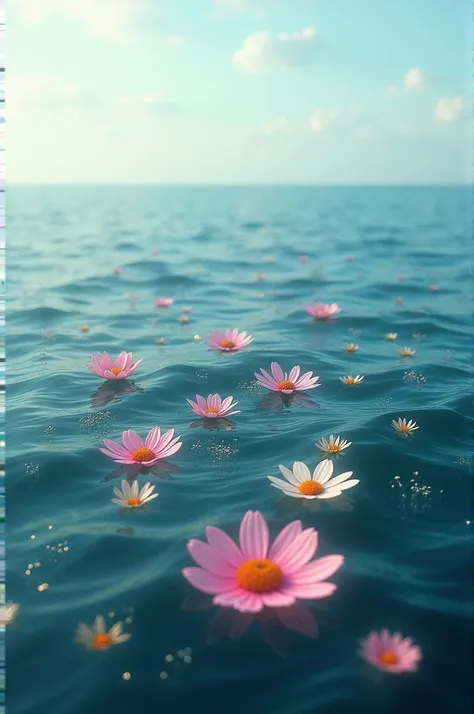 open sea, with flowers in the sea and a melancholic vibe. super realistic 