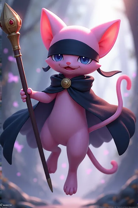 Image of Pokémon Mew with blindfold, hat, black cape and staff