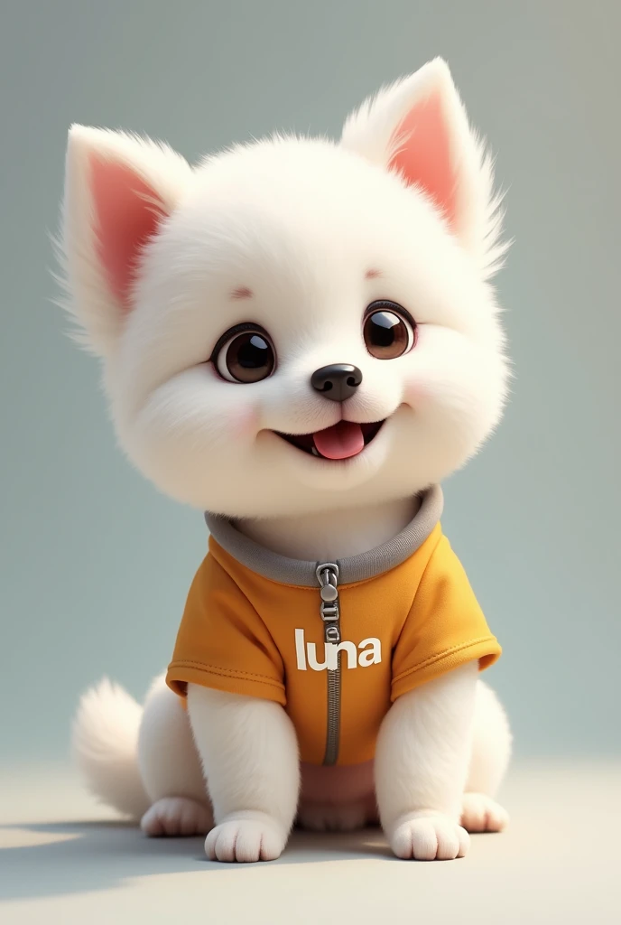 dog, little, and white in color, with a shirt that says &#39;moon&#39; in Spanish
