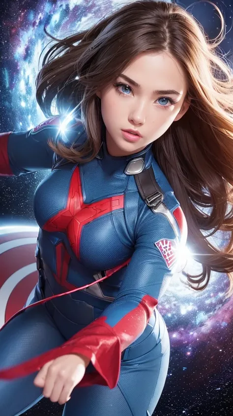 "(1girl:1.5), Solo, (((Very detailed face)))), ((Beautiful vibrant eyes)))), Masterpiece, Super detailed, 3D style, She wears a Captain America-inspired suit with a red, white, and blue shield, Heroic pose, Surrounded by galaxies, nebulae, and cosmic swirl...