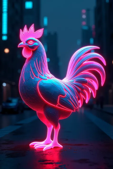 Create a 3D logo cyberpunk chiken with neon color