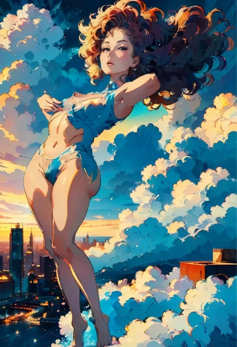 A highly detailed and lifelike portrait of a nude woman, laying on a fluffy cloud over a cityscape at night, full body, perfect for framing and display. voluminous 80s big hair, eyes closed, landscape, seductive