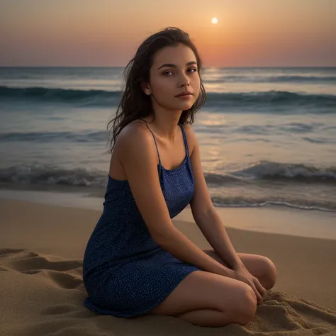 ((best quality)), ((masterpiece)), (detailed), ((Photorealistic:1.4)), 4K, highres, symmetrical, A young woman sits on a serene beach at dusk, gazing directly into the camera with a calm, thoughtful expression. Her dark, wavy hair cascades over her shoulde...