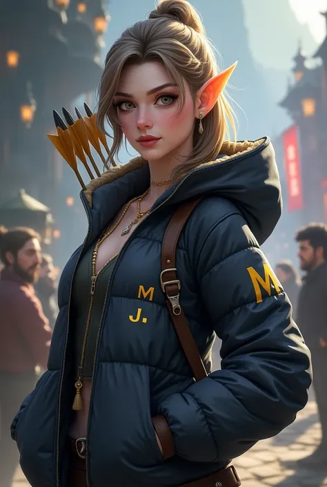 realistic mobile legends character miya with a words miya and her left jacket and the words M J and her right jacket the color of jacket is black with mobile legends background 