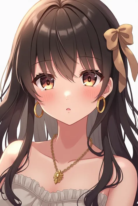 1girl, Looking at viewer, Blush, Long Hair, Jewelry, Closed Mouth, Bangs, Very Long Hair, Hoop Earrings, Simple background, Hair Bow, Art Deco, Anime Style, Artistic, 