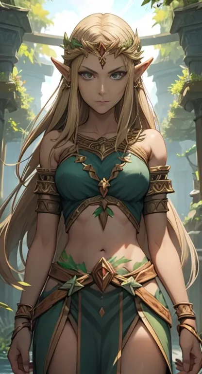 Tan skin, Hylian, sacred armor, glaring at viewer, Yggdrasil guardian, yggdrasil in the distance, legendary Yggdrasil,