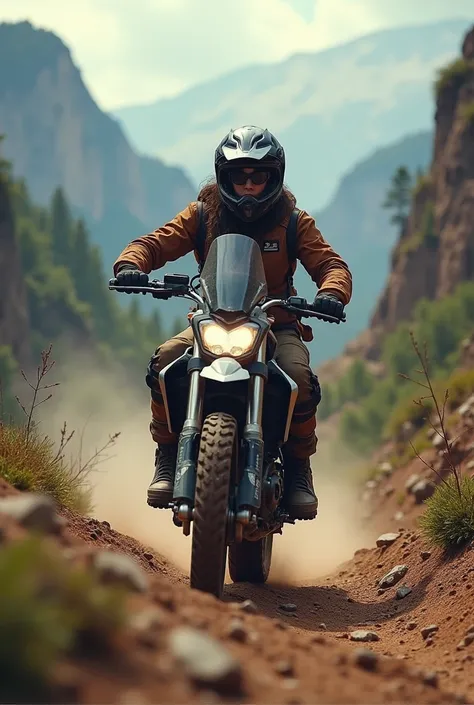 Bigtrail motorcycle being driven by a woman and wearing a helmet that has a small microphone near her mouth used to talk to other partners 