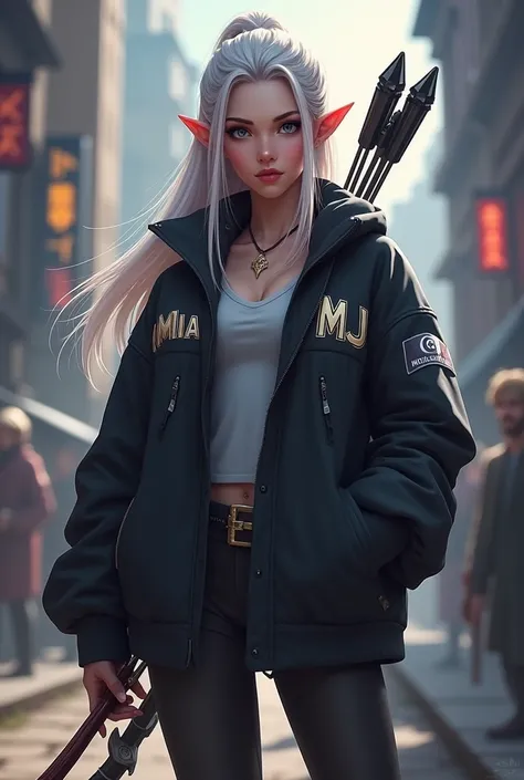 realistic mobile legends character miya with a words miya and her left jacket and the words M J and her right jacket the color of jacket is black with mobile legends background 