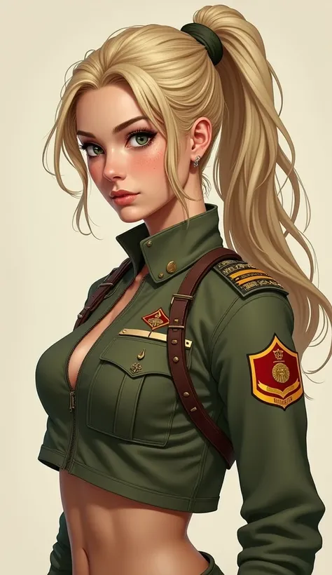 A digital illustration in a realistic style depicts a young woman in a military-style olive green uniform, positioned in a three-quarter profile facing left. The character has long blonde hair tied into an extremely detailed high ponytail that cascades dow...