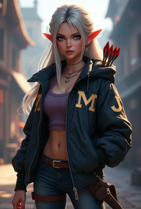 realistic mobile legends character miya with a words miya and her left jacket and the words M J and her right jacket the color of jacket is black with mobile legends background 