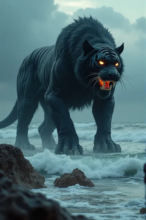 Black tiger face in spider man 
body with muscles as
a monster on top of
the seashore