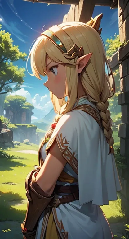 Tan skin, Hylian, sacred armor, glaring at viewer, Yggdrasil guardian, yggdrasil in the distance, legendary Yggdrasil,