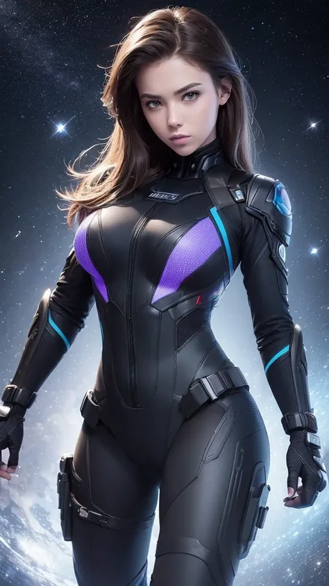 "(1girl:1.5), Solo, Full-body, Very detailed face and eyes, Masterpiece, She wears a Black Widow-inspired tactical suit, Dynamic pose, Futuristic cosmic galaxy background with stars and nebulae, Super high resolution, 3D render, Fair skin with realistic te...